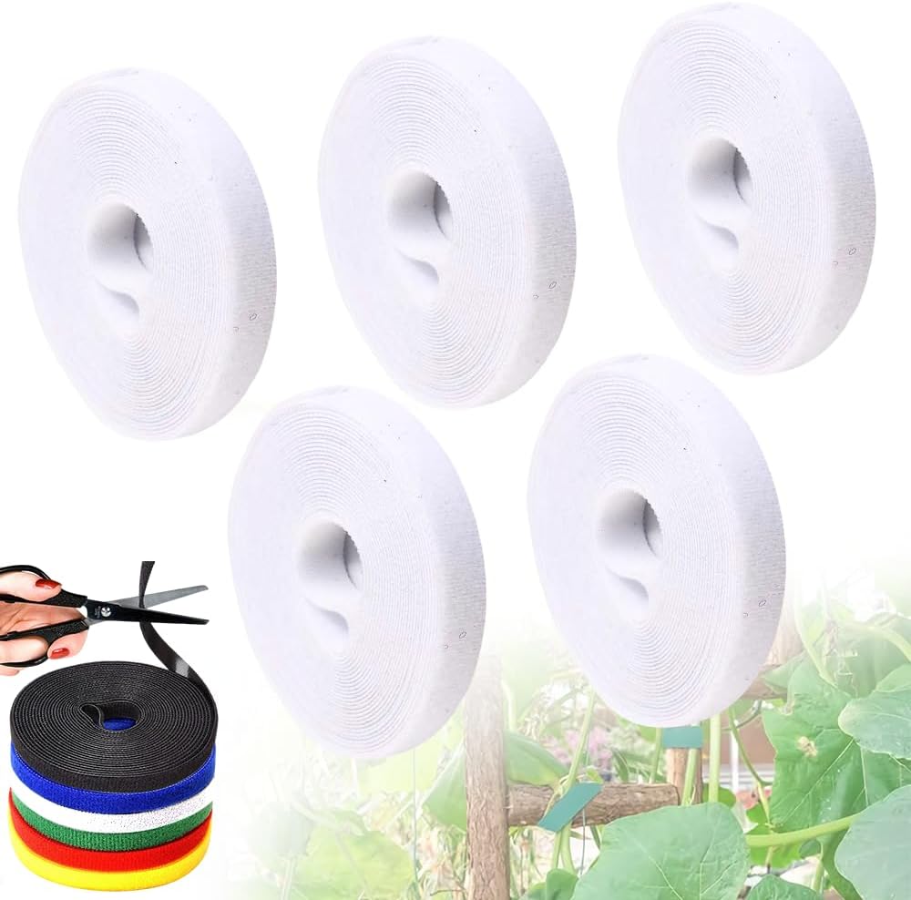 Reusable Plant Ties Tape for Climbing Plants, Garden Ties Tomato Plant Supports, Adjustable Garden Twine & Twist Ties Plant Ties for Outdoor Indoor Plants Stakes Gardening Supplies (White, 5 Rolls)