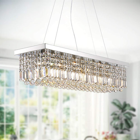 7Pm K9 Crystal Chandelier - Modern Rectangular Pendant Light Fixture, Chrome, L47 X W10 X H10, For Dining Room & Kitchen Island