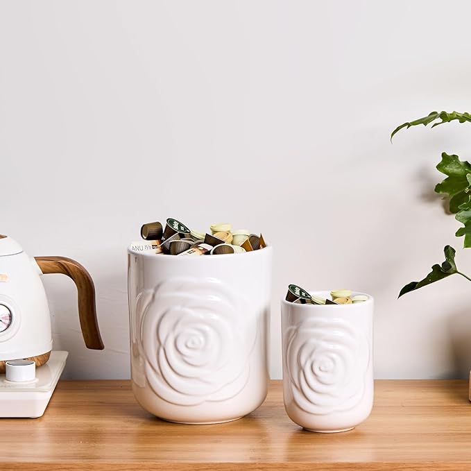 Large Utensil Holder Set of 2, 7.5"+ 5.5" - Ceramic Kitchen Countertop Utensil Crock for Spatulas, Spoons & Cooking Tools, Farmhouse Kitchen Counter Decor, White Rose