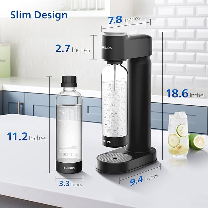 Philips Sparkling Water Maker ADD4901BKOQ/37, Plastic Soda Streaming Machine with Quick Twist Bottle, 1L BPA free PET Carbonating Bottle, Soda Maker Compatible with 60L CO2 Carbonator (NOT Included)