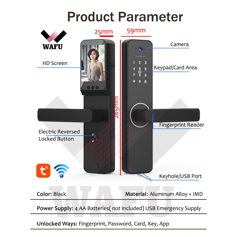 Smart Lock with 120° Wide-Angle Camera and Smart Doorbell Keyless Entry Door Lock Handle Aluminum Alloy Biometric Door Lock TY App Remote Operation WiFi for 35-60mm Office Home Bedroom Door