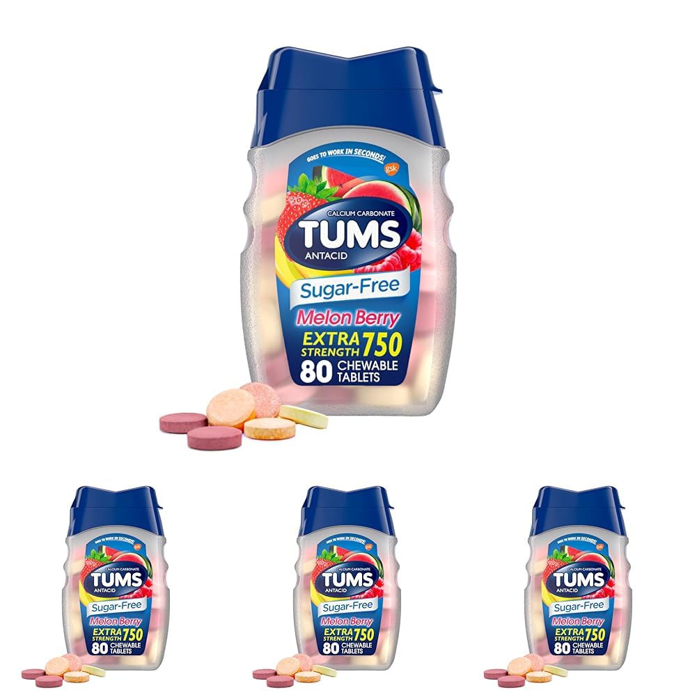 TUMS Extra Strength Chewable Sugar Free Antacid Tablets for Heartburn Relief, Melon Berry - 80 Count (Pack of 4)