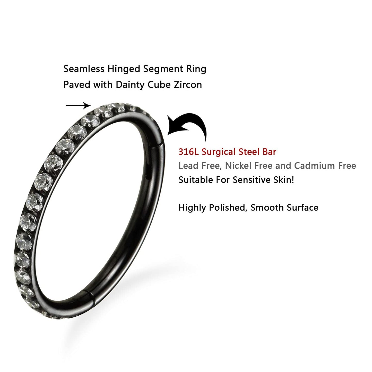 FUNLMO Surgical Steel Cartilage Earring Hoop 18G Daith Earrings 10mm Helix Piercing Jewelry Septum Jewelry Septum Ring CZ Nose R