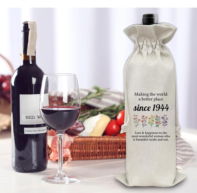 80th Birthday Gifts Wine Bag Congratulations Gifts for Women Men Parents Mom Dad Anniversary 1944 with Time Information Wine Gift Bag