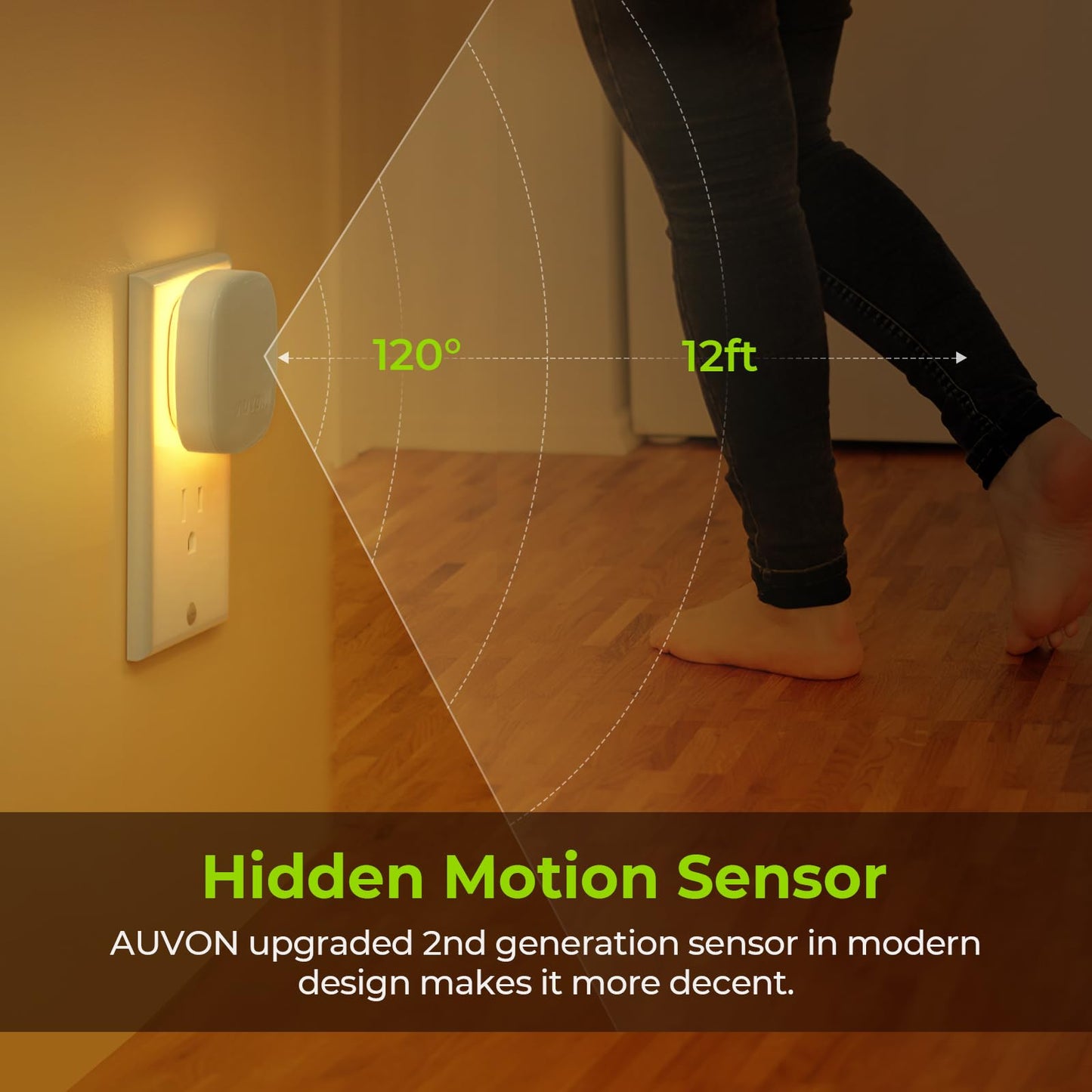 AUVON Plug-in LED Night Light with Motion Sensor, Dimmable Amber, 1-50 lm Brightness, Model N001A, 2 Pack