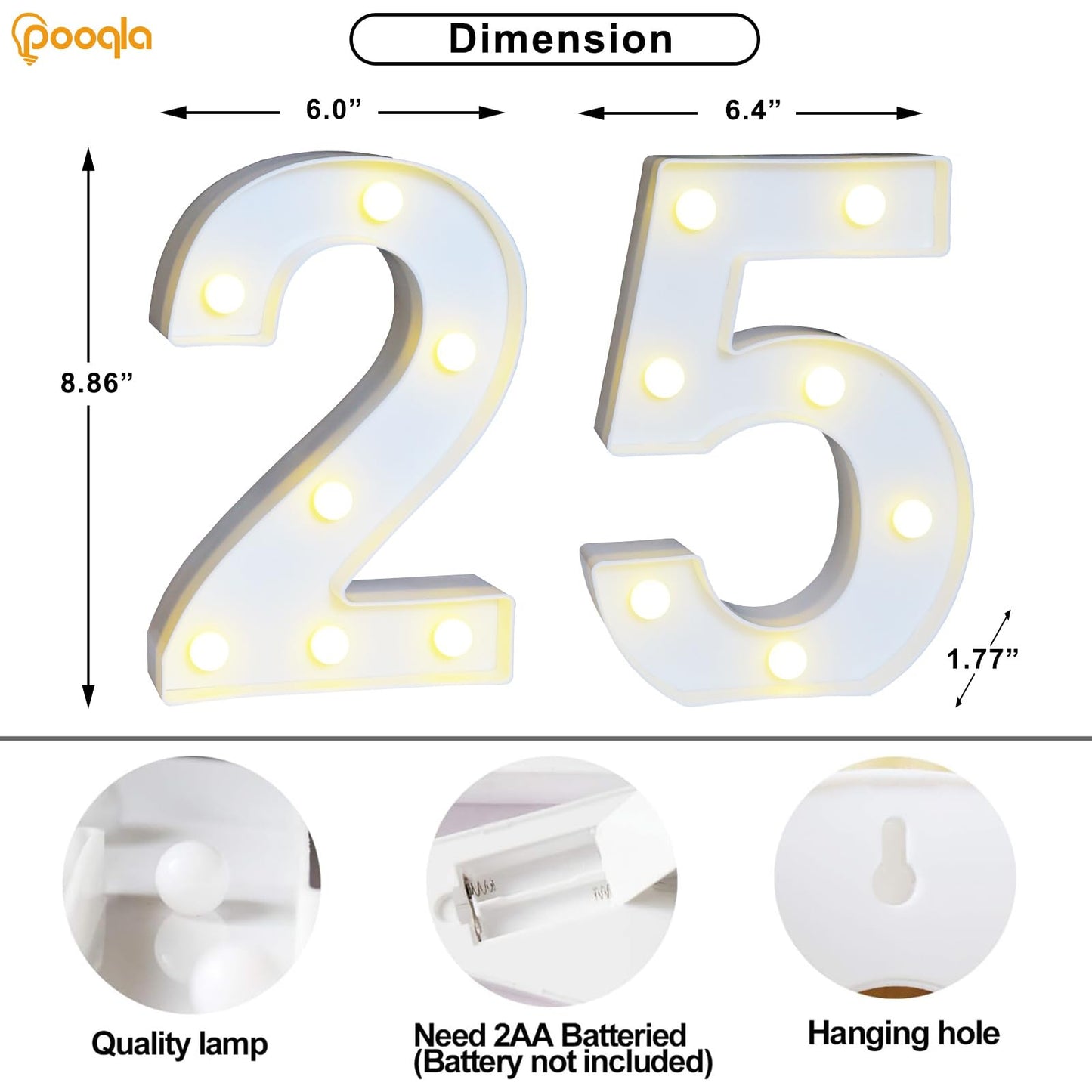 Pooqla LED Number 25 Decoration Sign, Warm White & Cool White, Plastic Marquee for 25th Birthday & Wedding Anniversary Party