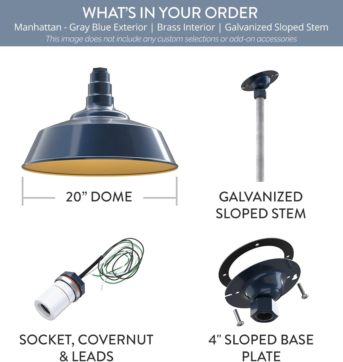 Steel Lighting Co. Manhattan Warehouse Light | Ceiling Mounted Pendant | 20 inch Dome | 12" Sloped Stem | Large Steel Barn Light Made in America | Gray Blue Exterior/Brass Interior