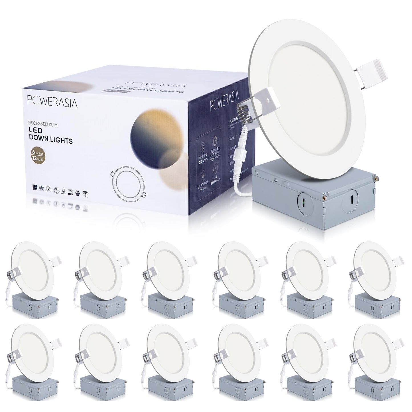 POWERASIA 12 Pack LED Recessed Ceiling Light 4 Inch 5000K Dimmable Cool White Aluminum Model 12P4IN-5000K