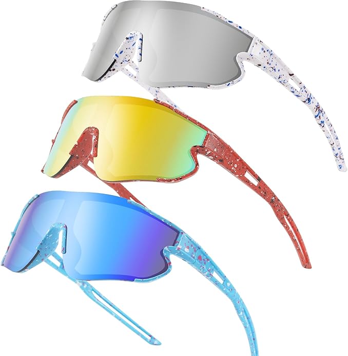 Wapreta 3PACK Kids Sunglasses Youth Baseball Sunglasses for 4-12 Boys Girls Cycling Softball Running UV400 Sports Goggles