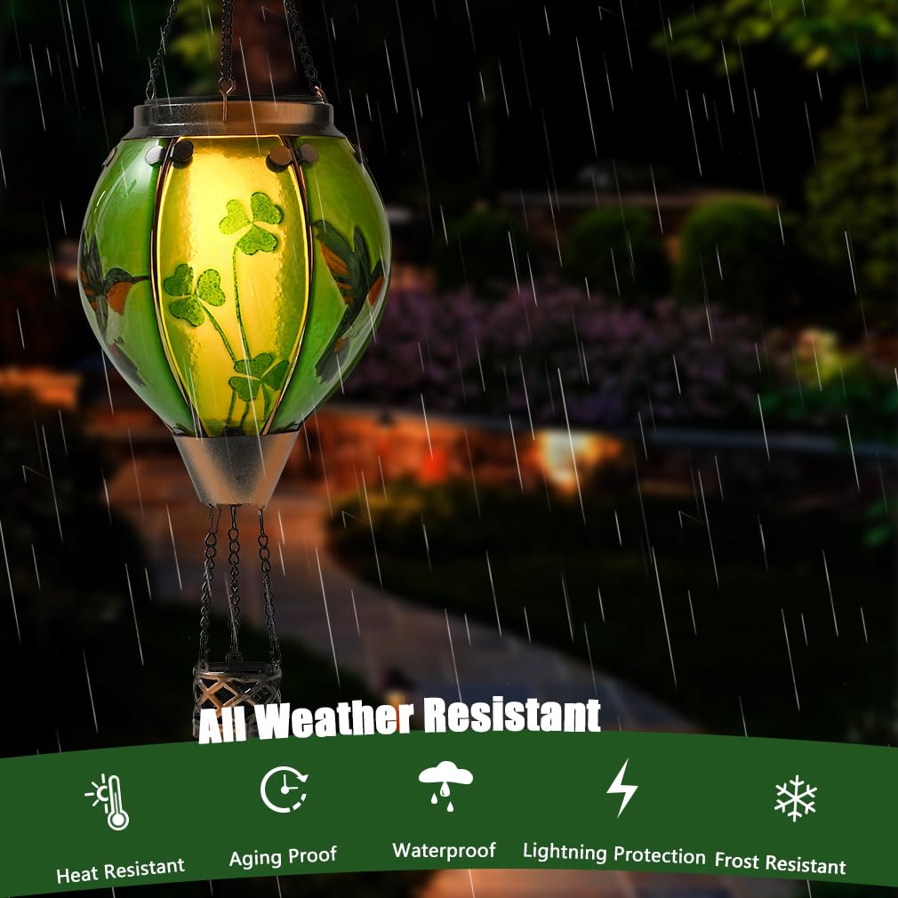 St Patricks Hot Air Balloon Solar Lantern - PatrickS Shamrock Glass Lantern  Simulated Flickering & Dancing Flame  Outdoor Hummingbird Hanging Yard Light For Patio Porch Decor Irish Clover Gift
