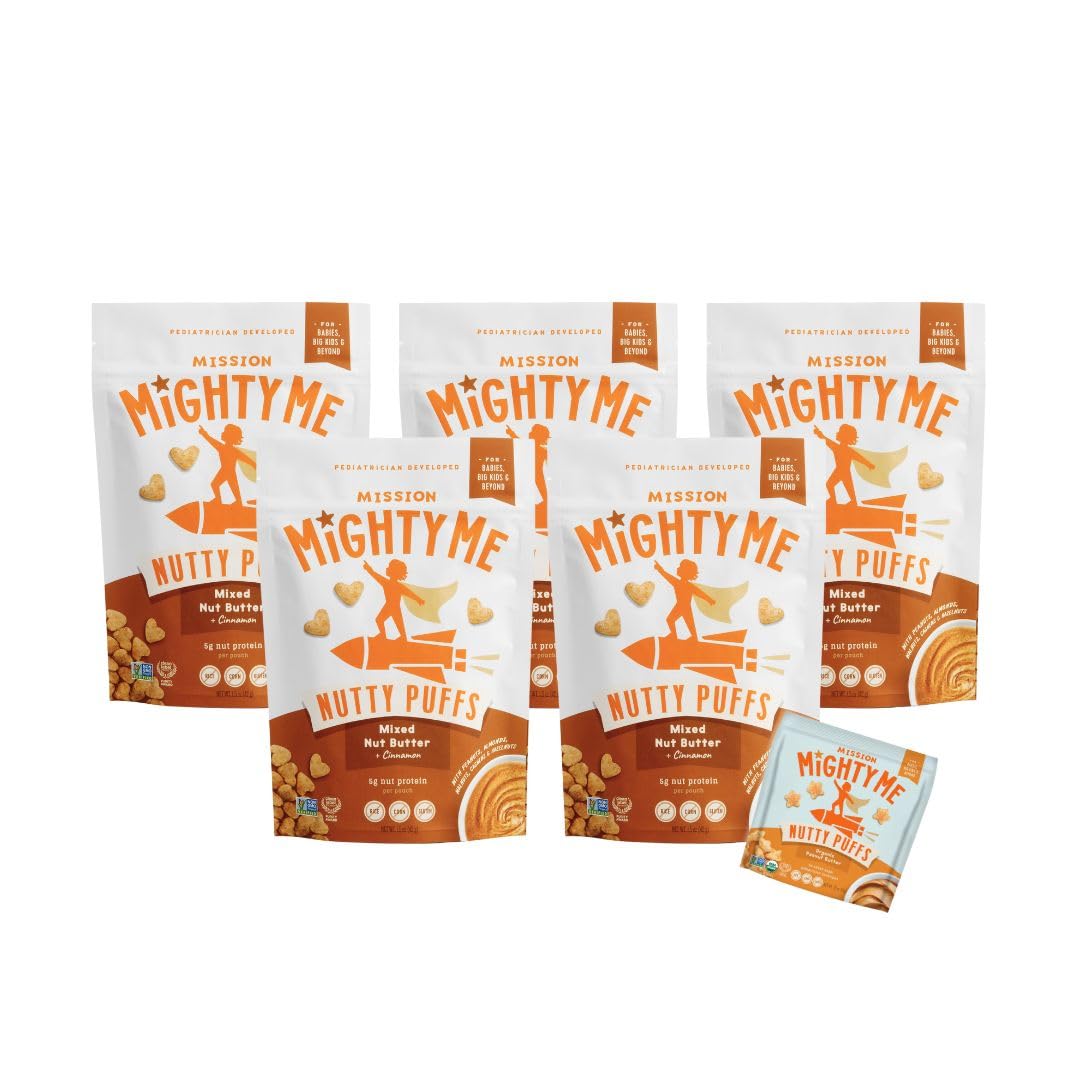 Mission Mighty Me Nutty Puffs Mixed Nut Butter Puffs for Babies + Kids - Pediatrician Developed  Plant-Based Gluten-Free Baby Snack - Peanut  Tree Nut  Cinnamon (6 Pack - 5 Pack Plus Peanut Sample)