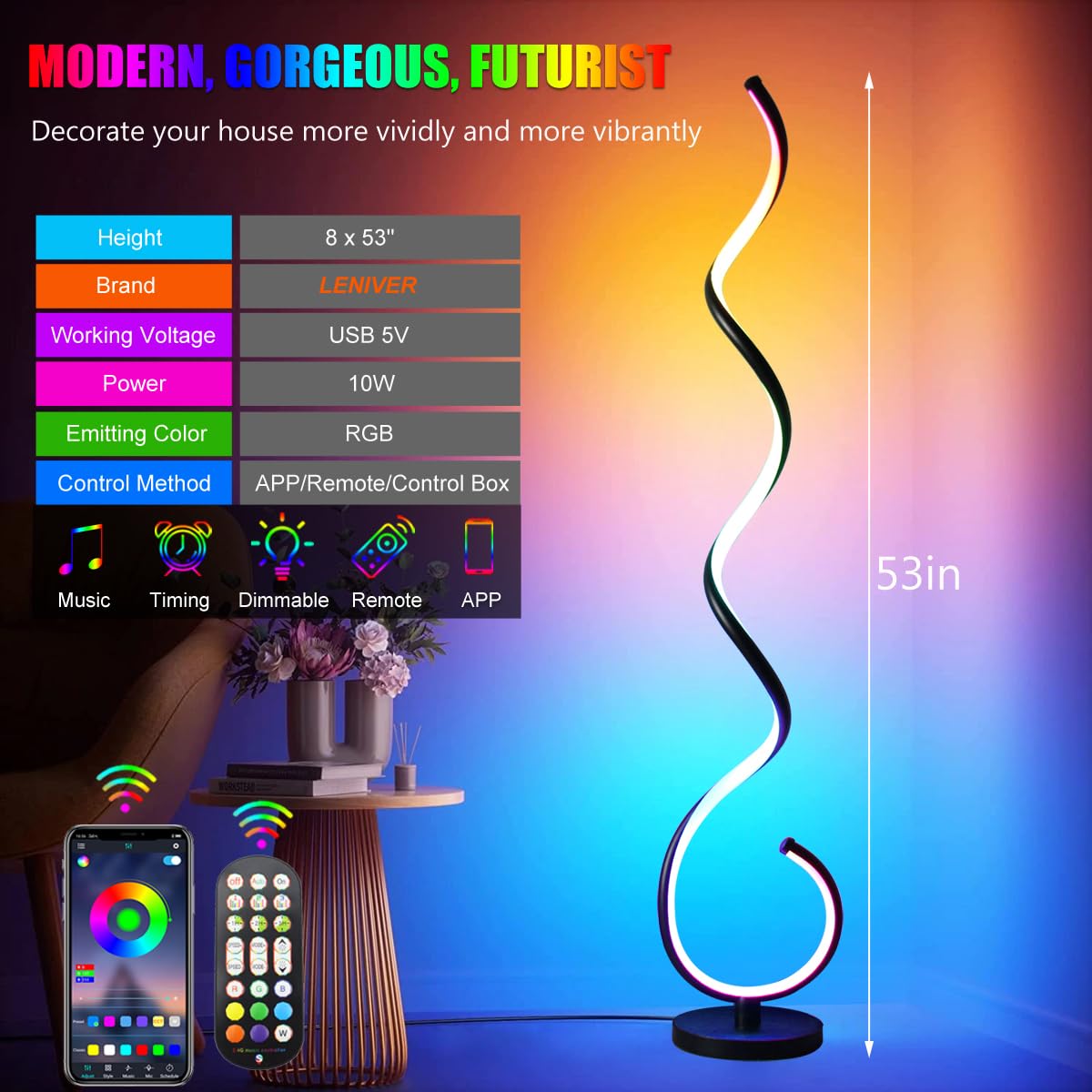 LENIVER RGB Spiral Floor Lamp, Smart Dimmable Corner Lamp with Remote Control, Black RGB, Model LNV-FL09-1-RGB