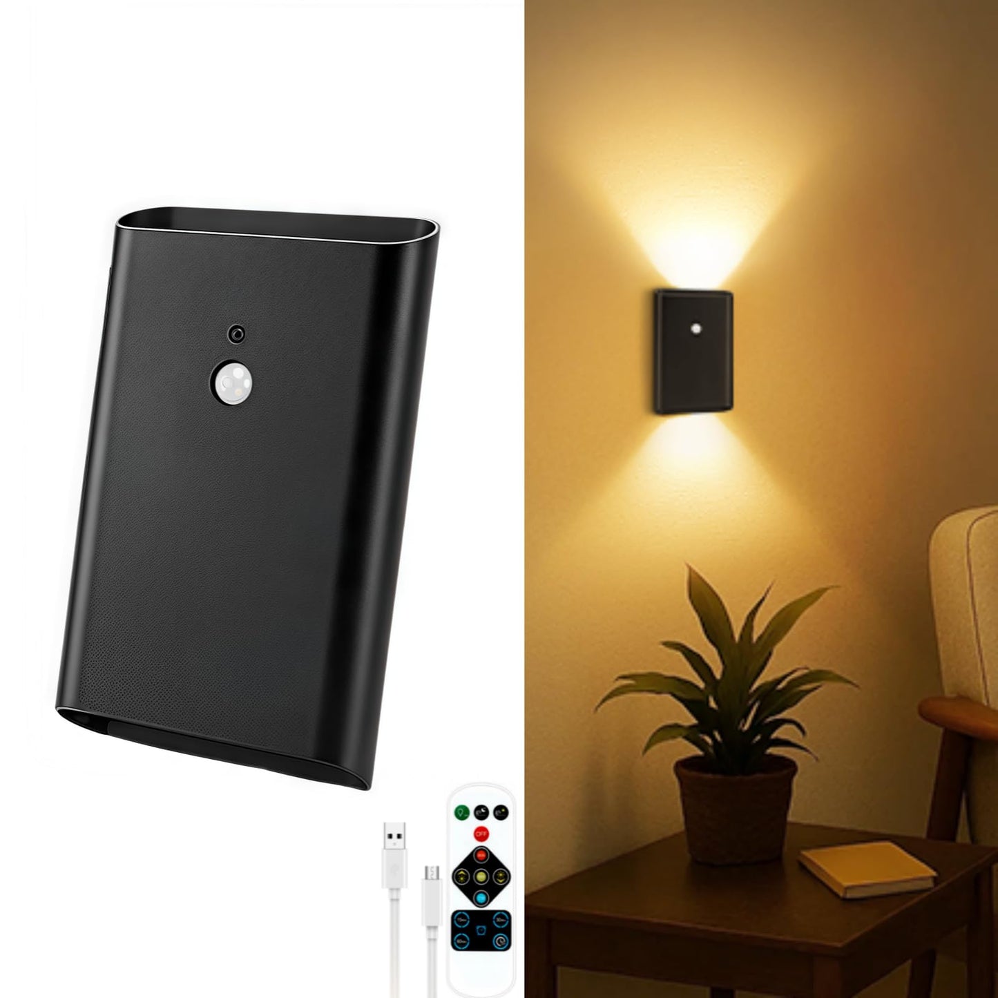 Eneru Rechargeable Motion Sensor Night Light, 5000mAh, Black, Magnetic LED Wall Sconce, Remote Control, 1 Pack, Model Blamp-3281