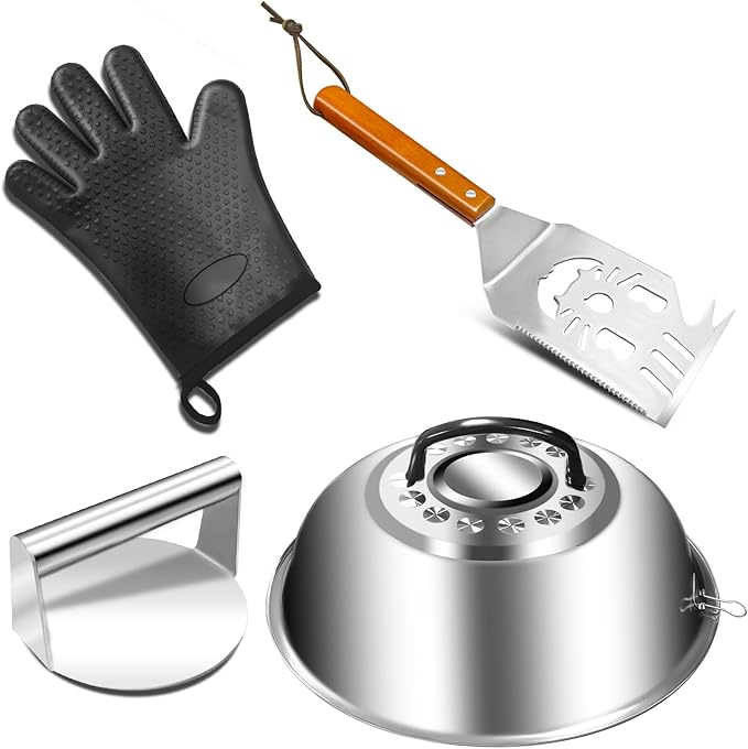 Smashed Burger Set, Stainless Steel Burger Press Kit, Burger Press, 10 Inch Basting Cover, Grill Spatula,1 BBQ Glove - Griddle Accessories for Blackstone or Flat Top Griddle Grill Cooking