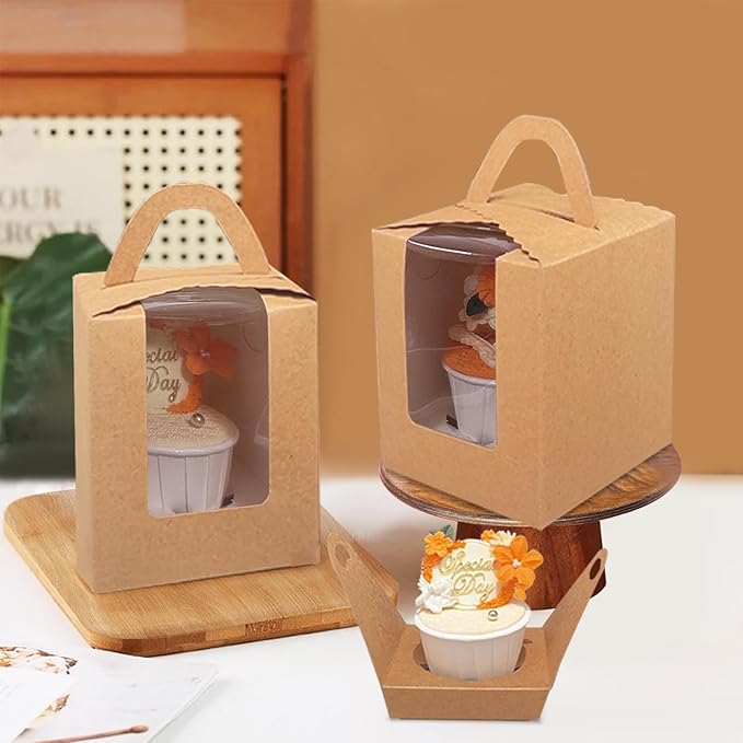 Bakepacker Auto-pop up Individual Cupcake Boxes with Window 60 Count Brown Single Cupcakes Box 3.7 x 3.7 x 4.3inch Cupcake Carrier