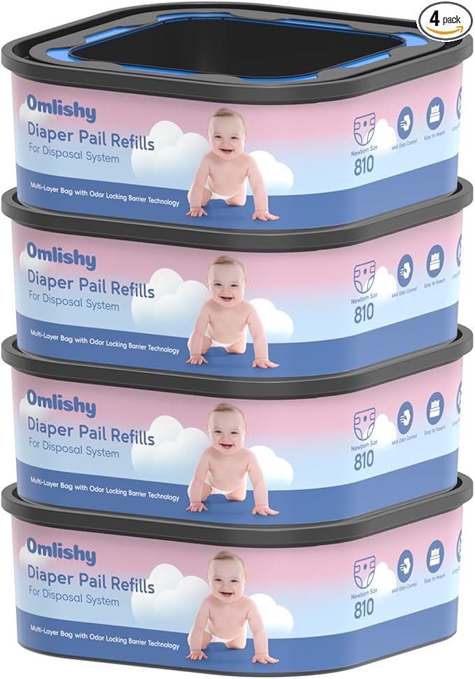 Jumbo Square Bags Refill Compatible with Diaper Genie Compact, Select Pails (Not Fit Classic), Max Odor Control, Disposal Bag Refills with Continuous Film, Holds Up to 810 Newborn Diapers, 4 Pack