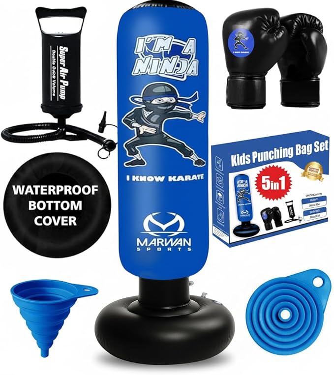 Marwan Sports 5-in-1 Inflatable Punching Bag for Kids – 63" Karate Toy Set with Boxing Gloves, Durable Fast Rebound, Activ...