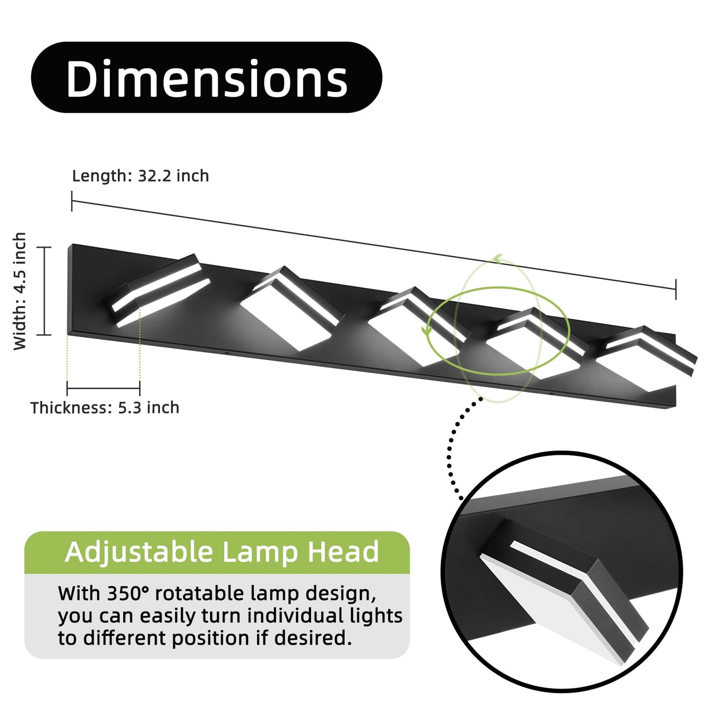 OKELI 5-Light Bathroom Vanity Light, Dimmable LED, 36.2 Inch, Matte Black, Aluminum, Model OK-9553-5T-BK, Adjustable Lamp Head