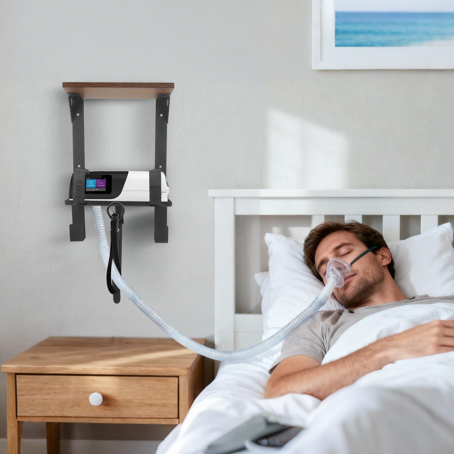Upgraded CPAP Shelf Wall Mount, 2-Tier Organizer for ResMed AirSense 10 & 11 | with Adjustable CPAP Hose Holder & Mask Hook, Avoid Hose Entanglement | Bedside CPAP Stand to Reclaim Your Nightstand