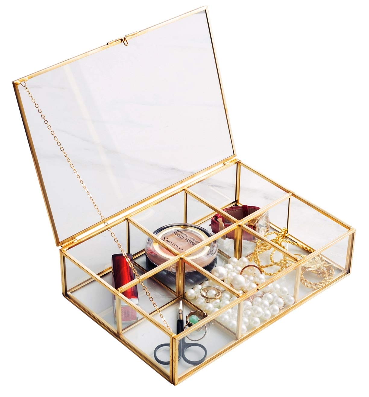 Golden Vintage Glass Box Clear Glass & Brass Metal Storage Jewelry and Cosmetic Makeup Lipstick Holder Organizer Beauty Display,