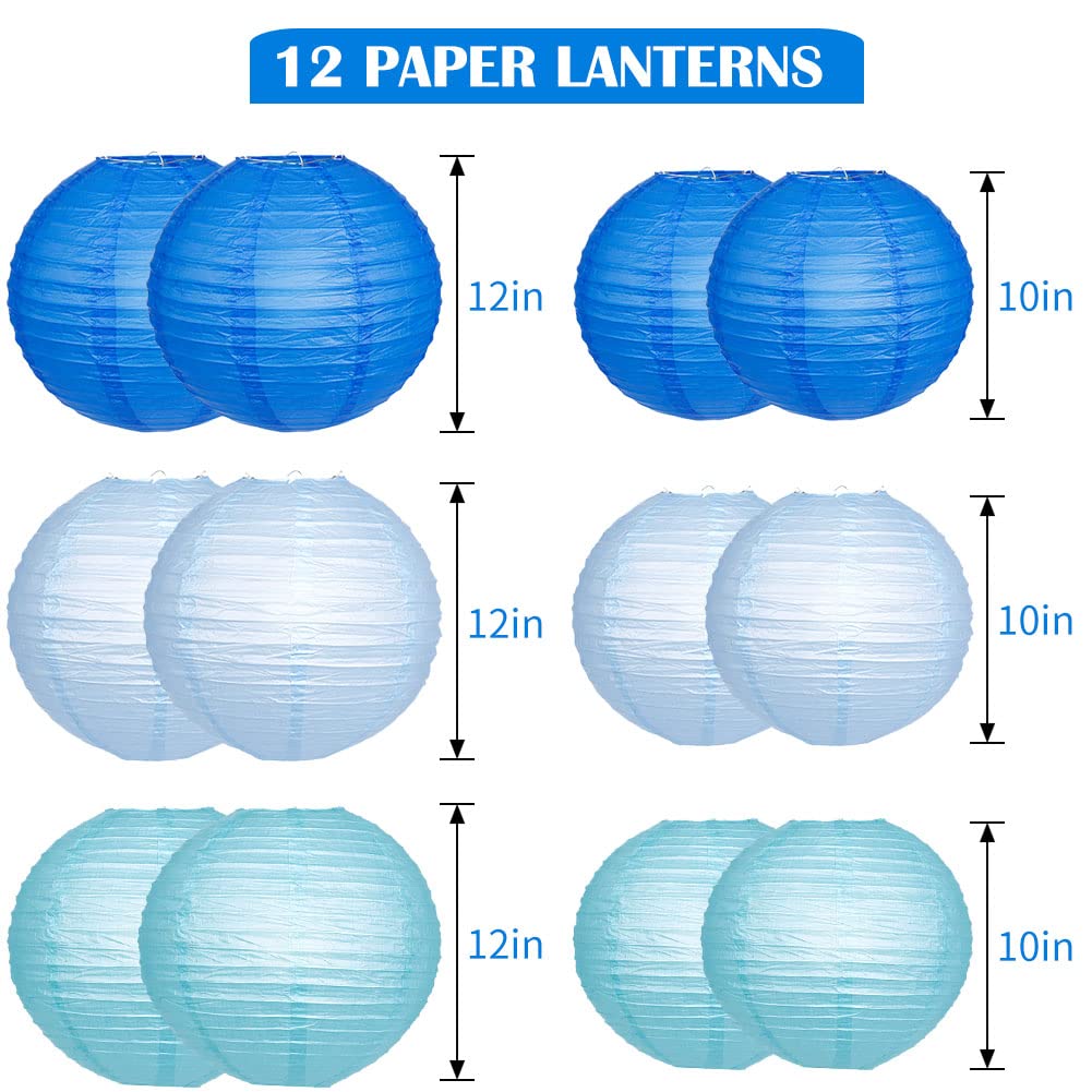 YUNXUAN Blue Paper Lanterns with LED Lights, 12 Pack, Round Chinese Design for Weddings and Parties, Model YX1034