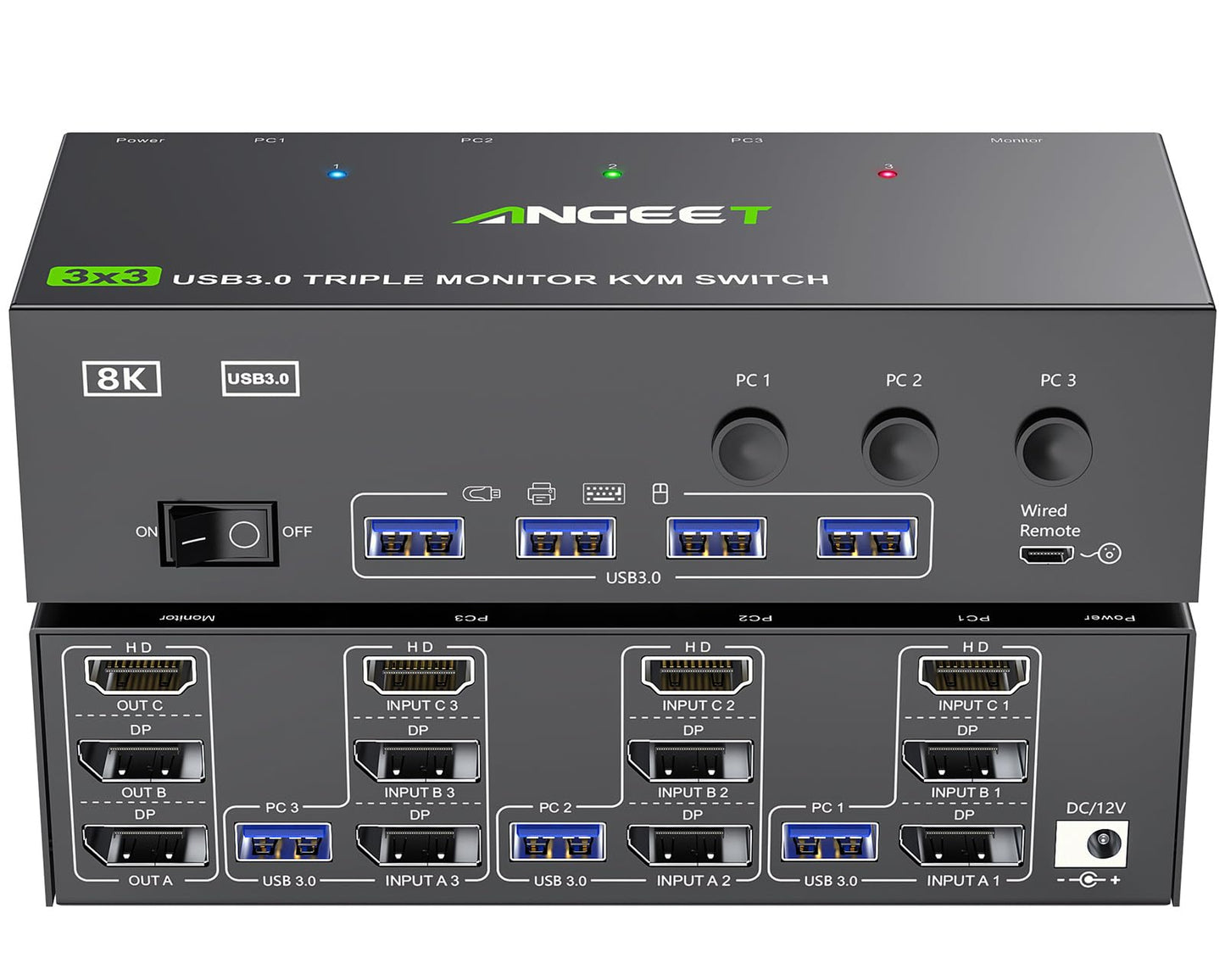 KVM Switch 3 Monitors 3 Computers 8K@60Hz 4K@144Hz, ANGEET HDMI and Displayport Triple Monitor KVM Switch, 3 Monitors KVM with 4 USB 3.0 Ports for USB Devices, Wired Remote and Power Adapter Included