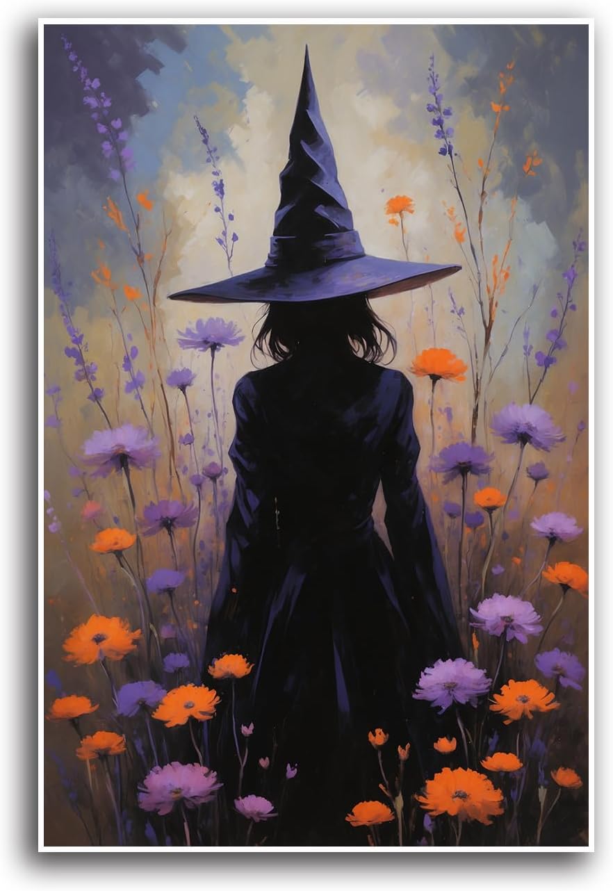 JFHCQJPK Country wildflower witch canvas print halloween mashup art witch purple decoration bohemian elegant art poster8x12in Frameless