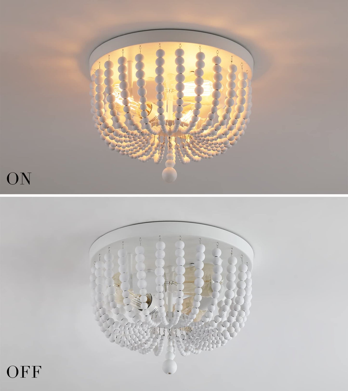 Q&S White Boho Beaded Chandelier Light Fixture, 3-Lights, Metal And Wood Bead, Flush Mount For Bedroom, Kitchen, Dining Room