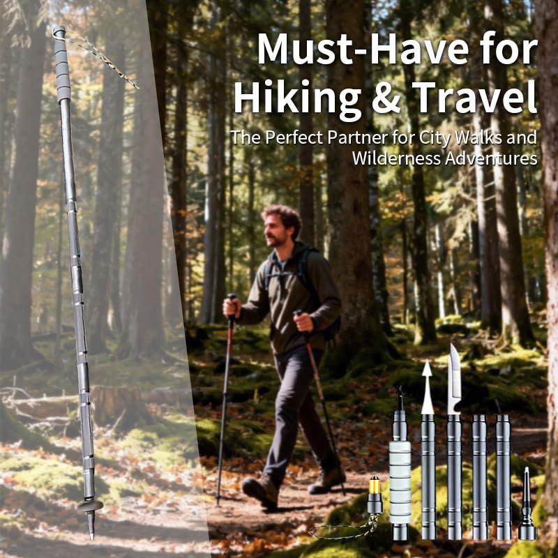 Multifunctional Tactical Hiking Stick with Compass & Canvas Bag - Adjustable Trekking Pole, Heavy Duty Aircraft Grade Alum...