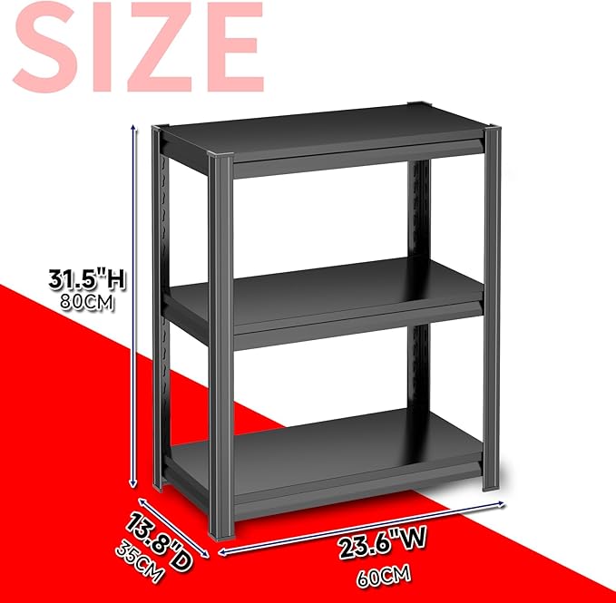 Kitchen Storage Shelves, 3 Tier Adjustable Shelf Organizer, 31.5”High Kitchen Shelving, Reinforced Design Pantry Shelf, Kitchen Appliance Storage, for Pantry and Garage, Black