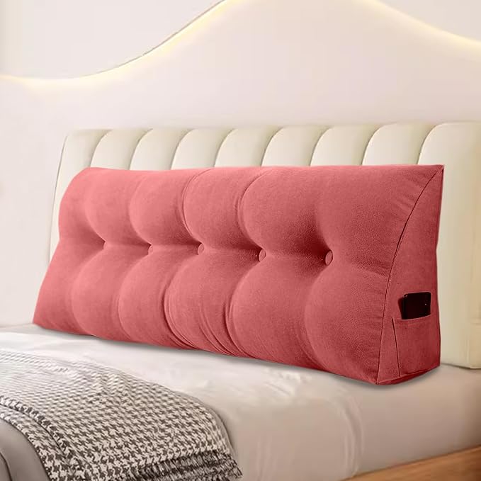 Large Triangular Headboard Pillows Long Backrest Positioning Support Bolster Cushion for Daybed Fluffy Quality Plush Body Wedge Pillow with Removable Cover(Rusty Red -Cal King-71x8x20 in)
