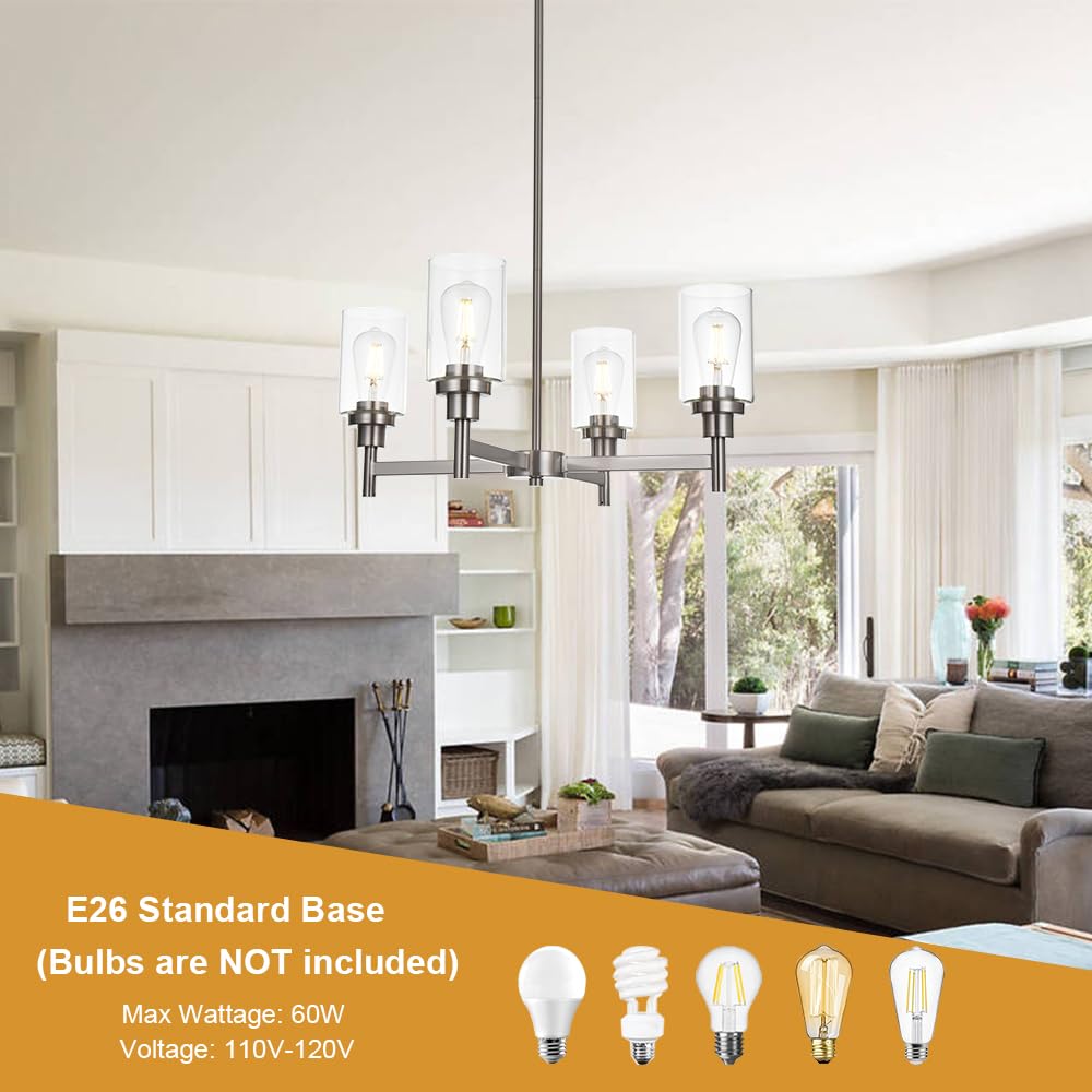VINLUZ 4 Light Modern Chandelier Pendant Lighting Brushed Nickel Clear Glass Shades for Dining Room Kitchen Living Room Model 210-4SN