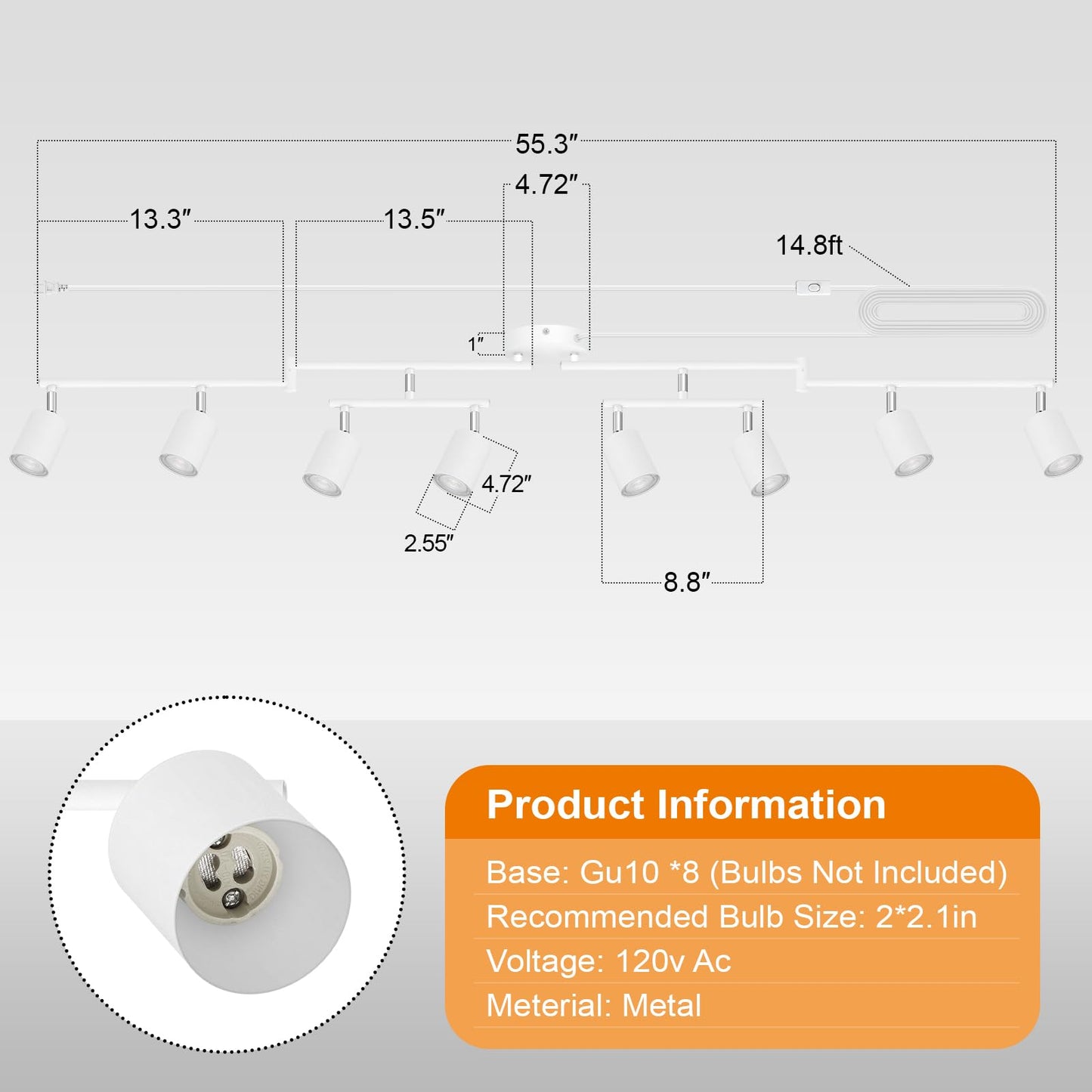 Track Lighting Plug In  Led Track Lighting Fixtures Ceiling Kit  White 8-Light Ceiling Light Plug-In  Wall Light With 15Ft Power Cord  Rotatable Kitchen Spotlight For Bedroom(Gu10 Socket  No Bulb)