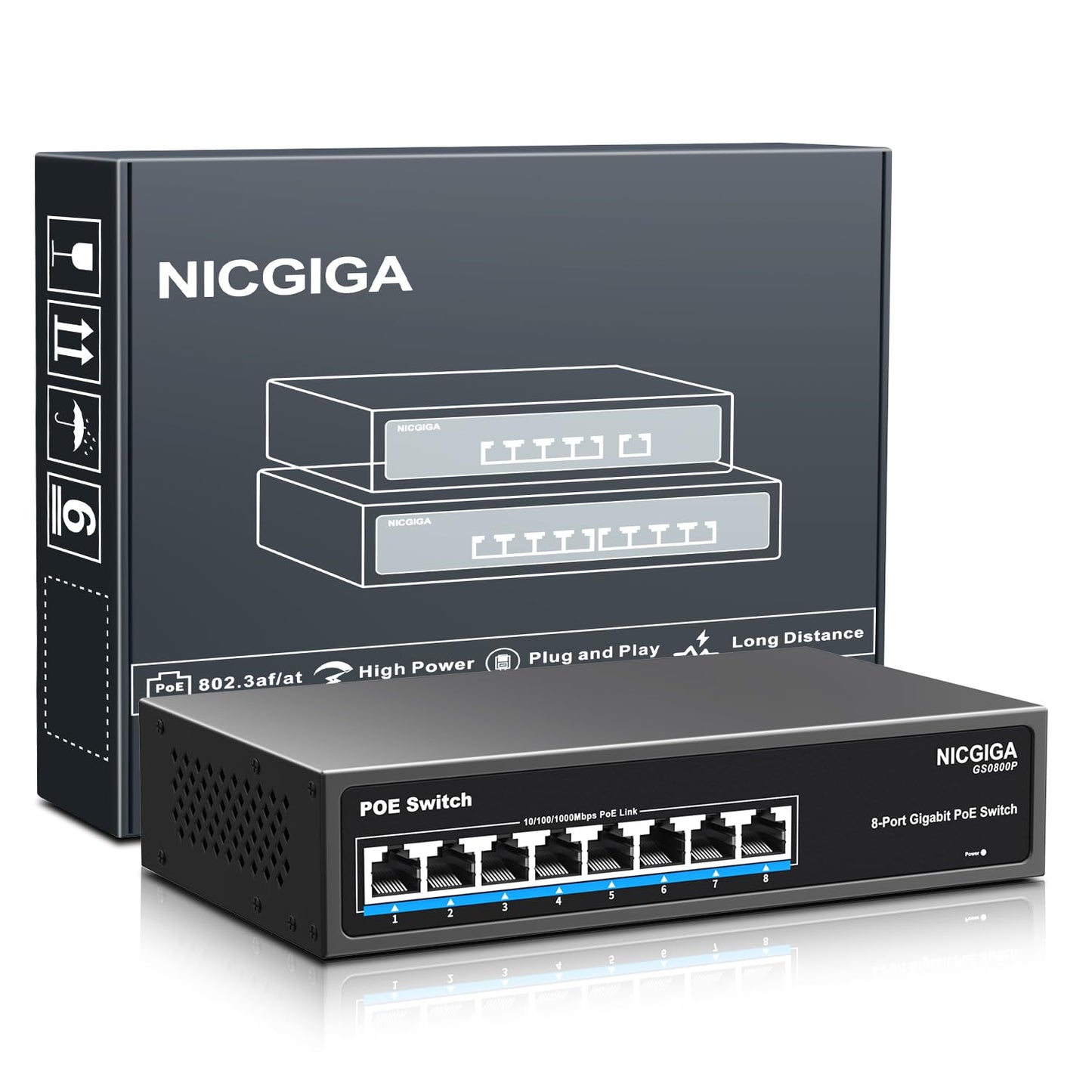 8 Port Gigabit Poe Switch Unmanaged, 8 Ports Poe+@120W, 802.3Af/At, Nicgiga 8 Port 1000Mps Network Power Over Ethernet Switch, F