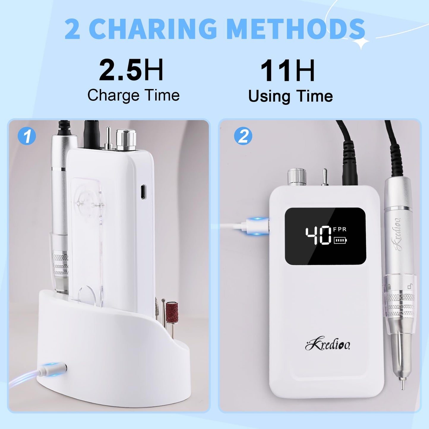 Kredioo Professional Nail Drill Brushless 40,000RPM Rechargeable 2-in-1 Portable Electric Nail File Ultra Silent Salon Must Have