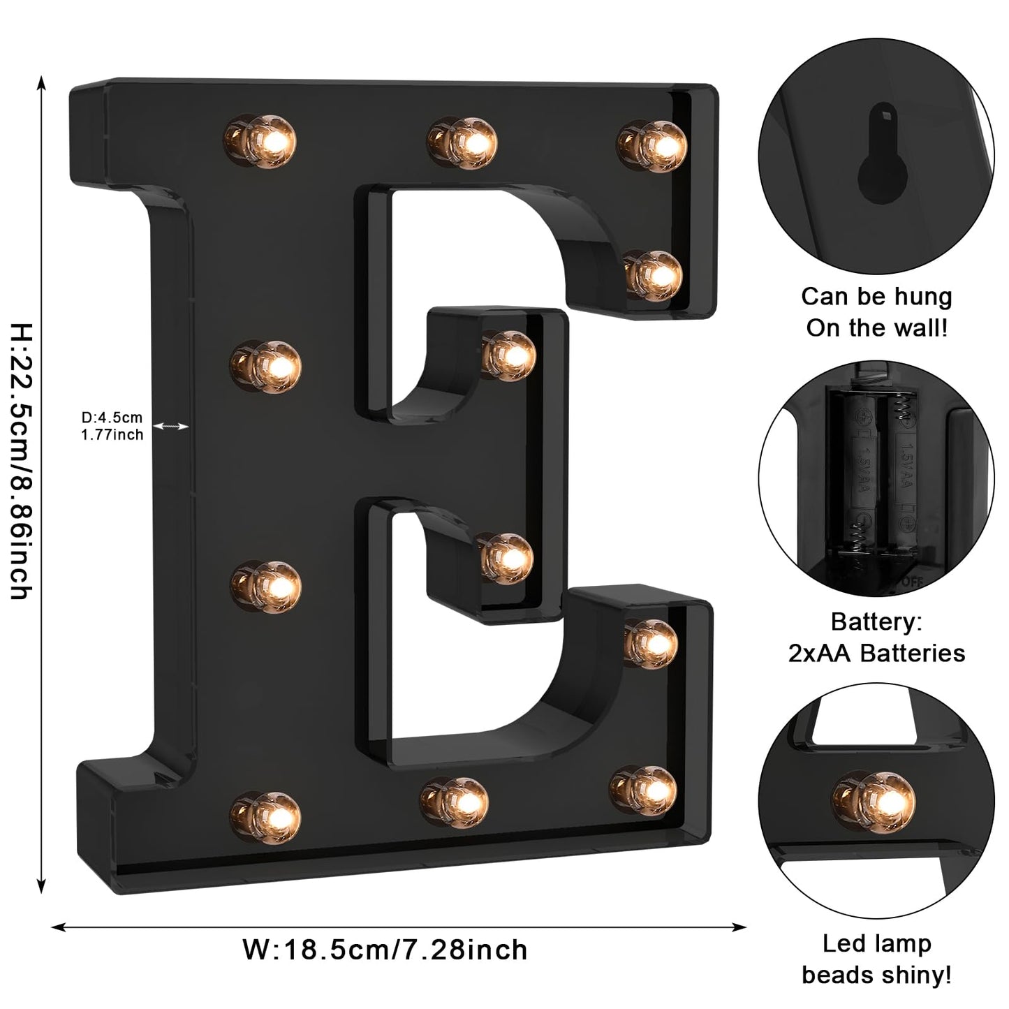 Foaky Black LED Letter Lights - Battery Operated Alphabet Lights for Room Decor, Size E, Model Black-25