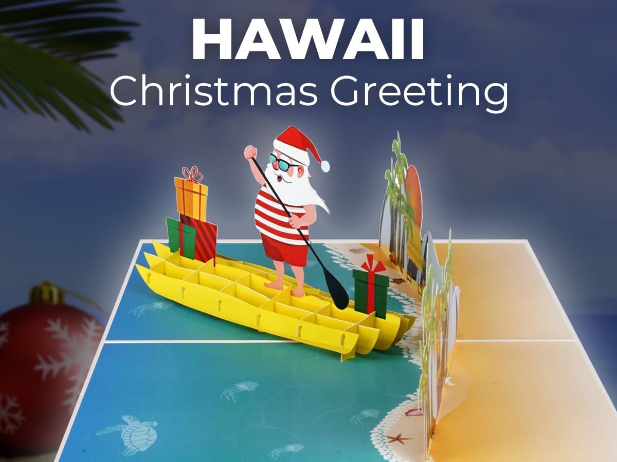 iGifts And Cards Tropical Santa 3D Pop Up Christmas Card - Warm Wishes from Down Under! Funny Beach Holiday Greeting with Santa Rowing a Canoe Full of Gifts – 6" x 8" with Notecard and Envelope