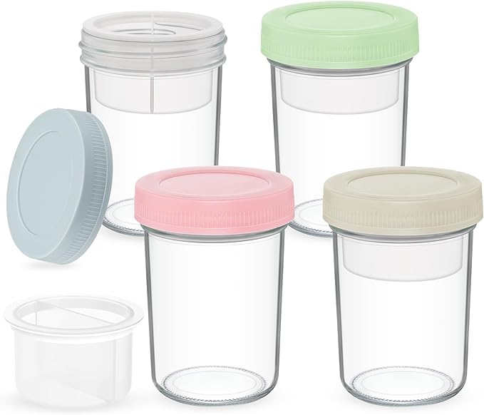 16 oz Overnight Oats Containers with Airtight Lids - 4-Pack Leak-Proof Wide Mouth Mason Jars & Divided Cups for Dried and Wet Foods, Glass Jars for Chia Pudding, Salad, Snacks, and Yogurt
