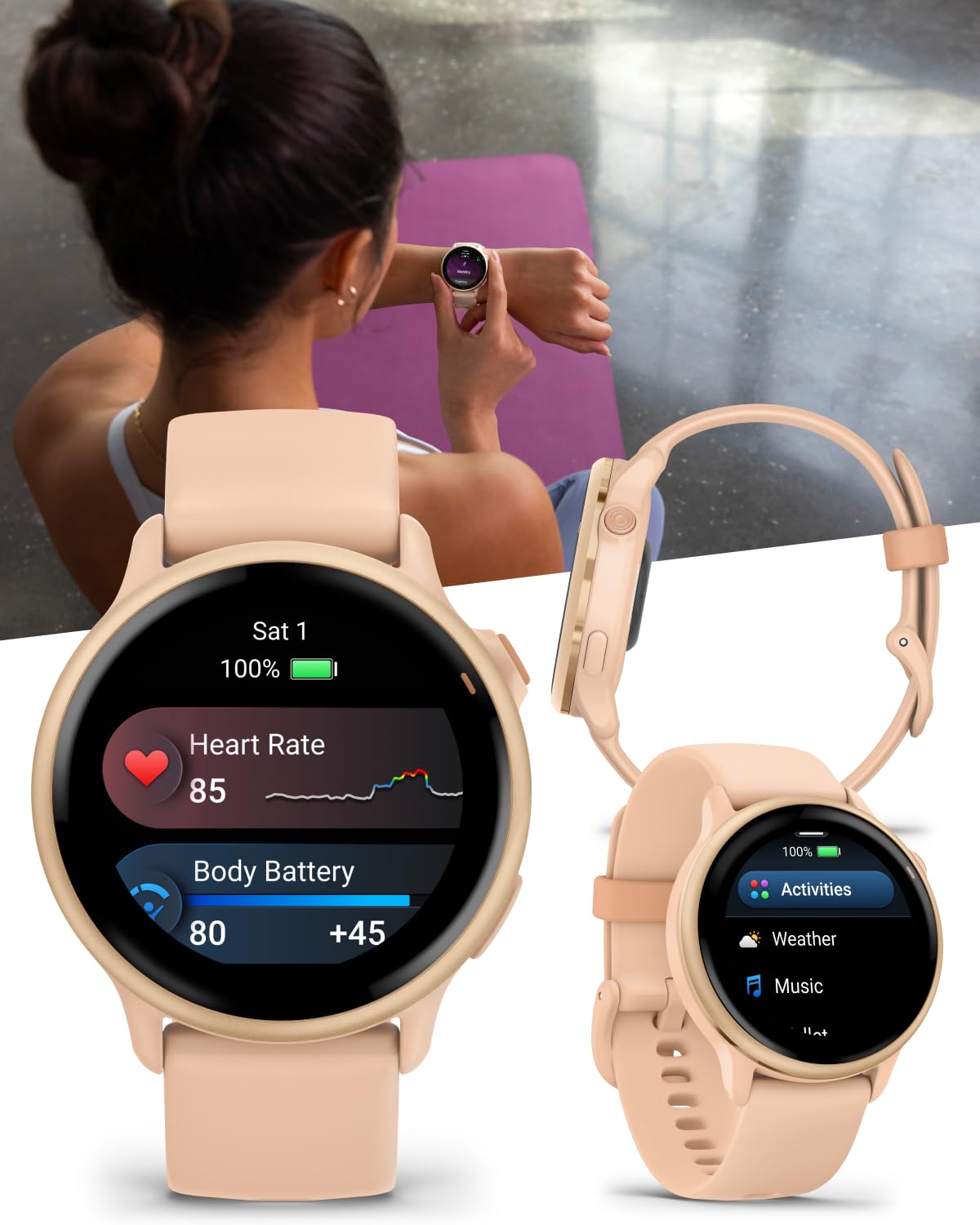 Wearable4U Garmin Vivoactive 6 - Health & Fitness Smartwatch, 1.2 in Bright AMOLED Display, GPS Sports Tracking, Up to 11 Days of Battery, Metallic Pink Dawn & Pink Dawn Band w Black Earbuds Bundle