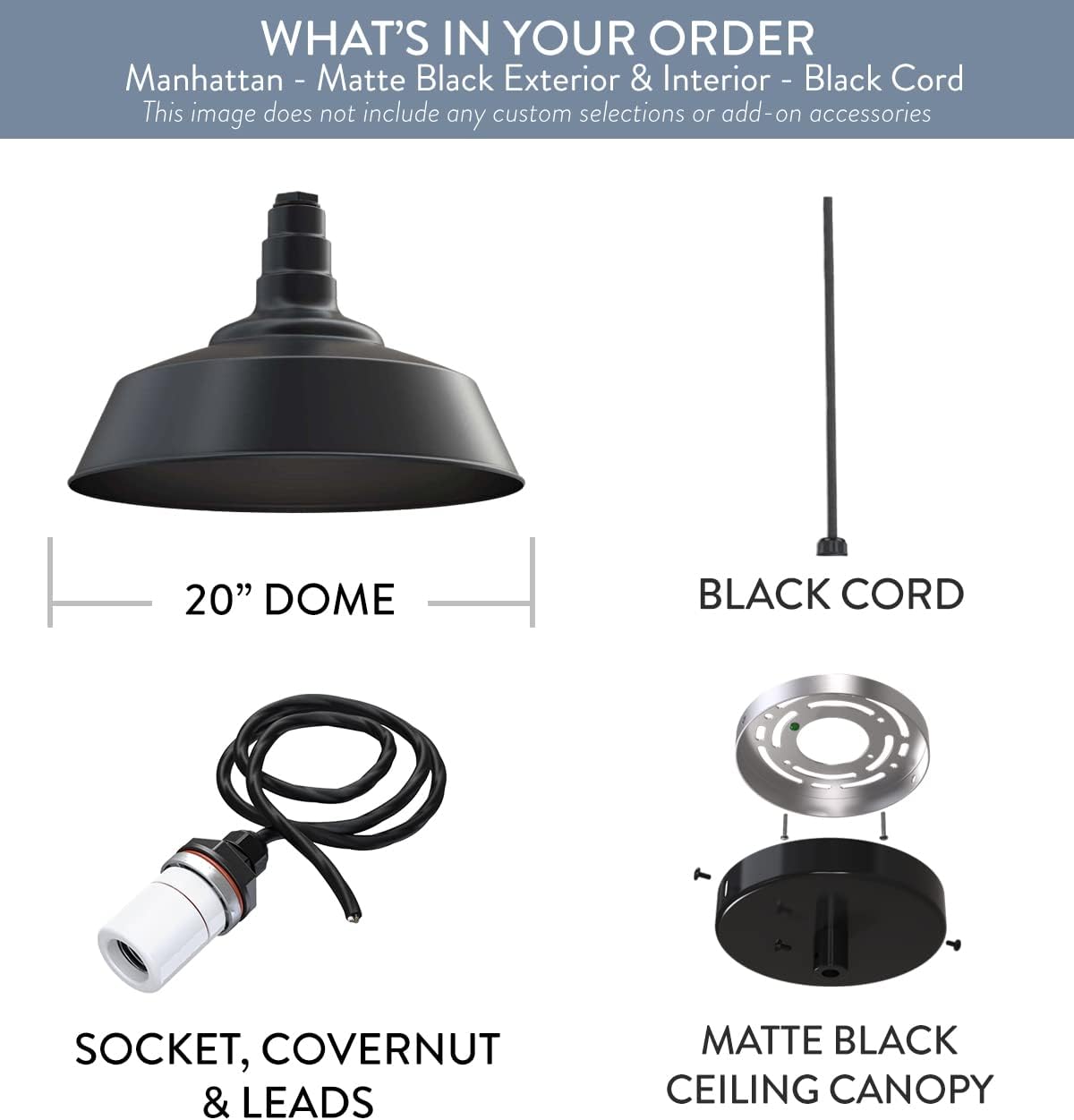 Steel Lighting Co. Manhattan Warehouse Light | Ceiling Mounted Pendant | 20 inch Dome | Black Cord | Large Steel Barn Light Made in America | Matte Black Exterior/Matte Black Interior