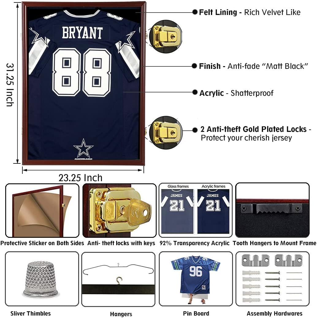 Jersey Display Frame Case Large Frames Shadow Box Lockable with UV Protection Acrylic Hanger and Wall Mount Option for Baseball Basketball Football Soccer Hockey Sport Shirt
