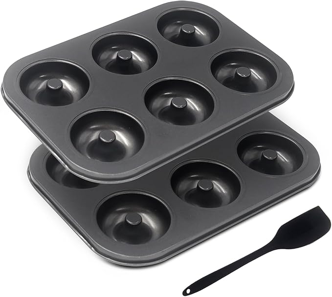 Donut Pans, Non-stick Baking Pans 6-Cavity with a Scraper for 2.5" Donuts, Bagels, and More(2-Count, Grey)
