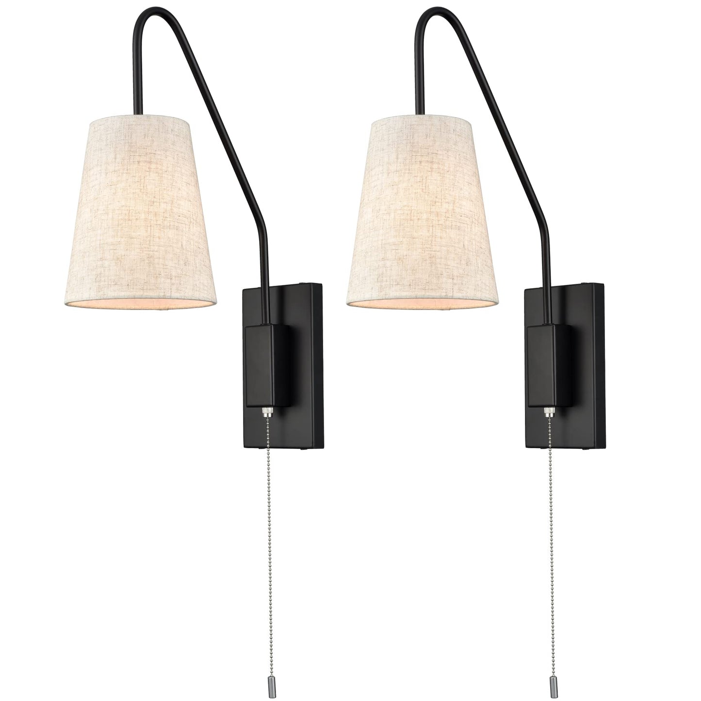 Jeenkae Modern Brass Wall Sconces Set Of Two, Fabric Shade, Pull Chain, Model T3063Bu-J-C-2