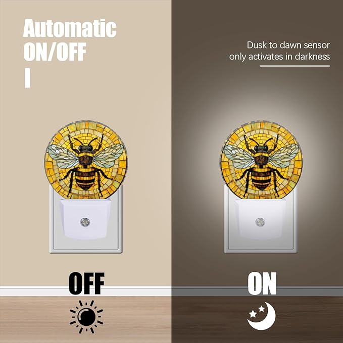 Round LED Night Lights Lamp with Dusk to Dawn Sensor, 3D Circular Stained Glass with Bumblebee Night Light Plug Into Wall for Kids Room, Bedroom, Bathroom, Kitchen, Hallway