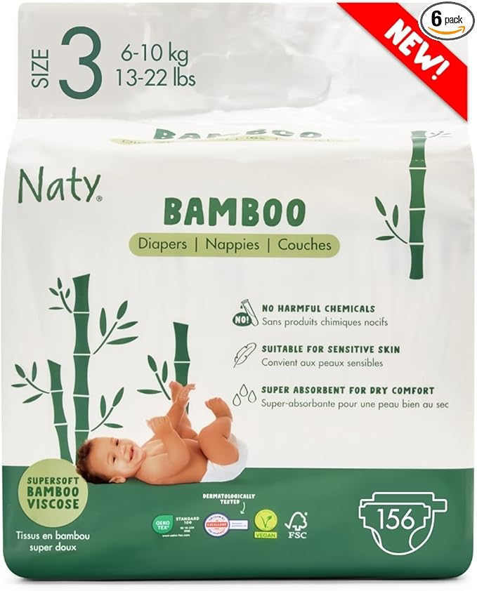 Naty Bamboo Viscose Baby Diapers – Silky Soft, Plant Based, Dermatologically Tested for Sensitive Skin & Super Absorbent (Size 3, 156 Count)