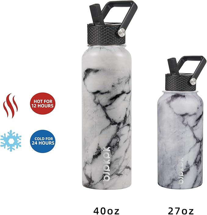 BJPKPK Insulated Water Bottles with Straw Lid, 27oz Stainless Steel Water Bottle with 3 Lids, Leak Proof BPA Free Metal Thermo, Mugs, Tumblers, Keep Cold Hot - Carrara Marble