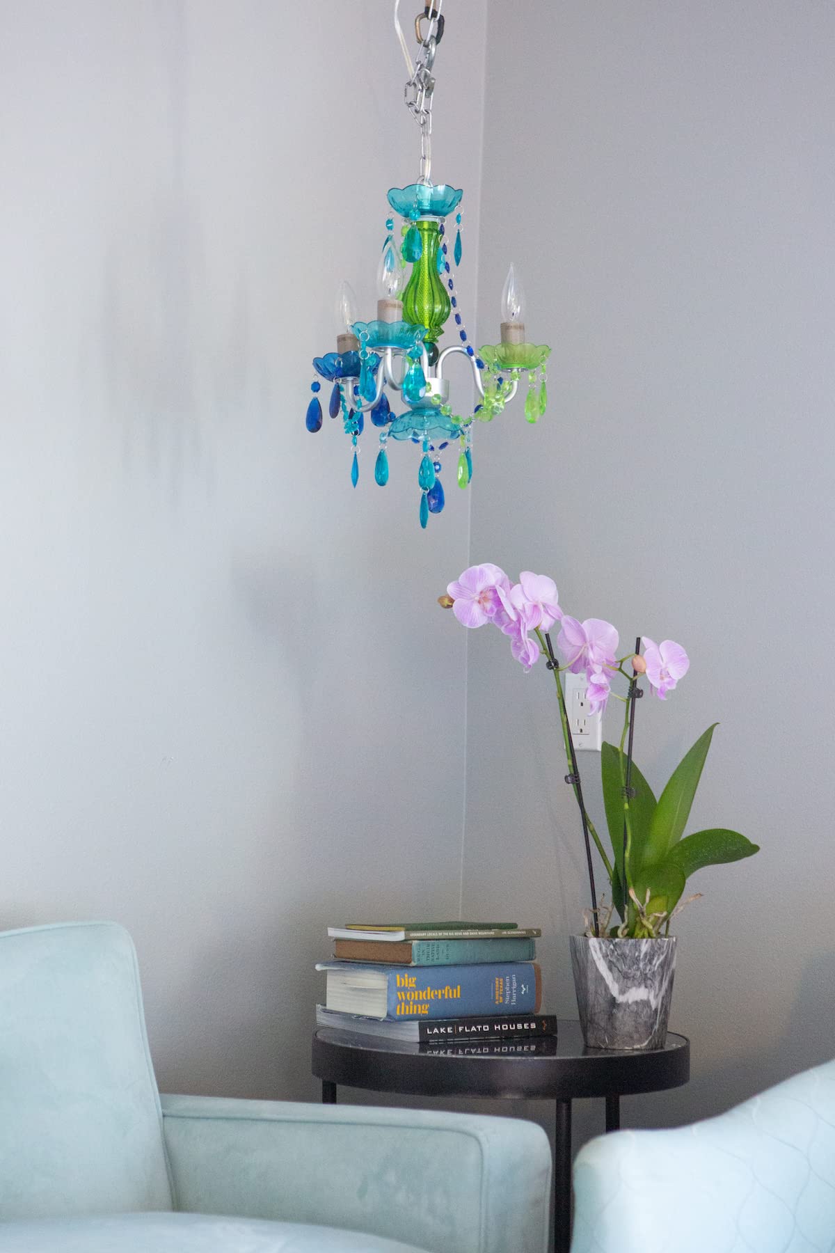 Gypsy Color Plug-In 3-Light Chandelier, Blue Green Glass, Silver Metal Frame, H17”Xw12”, Model Gymibg