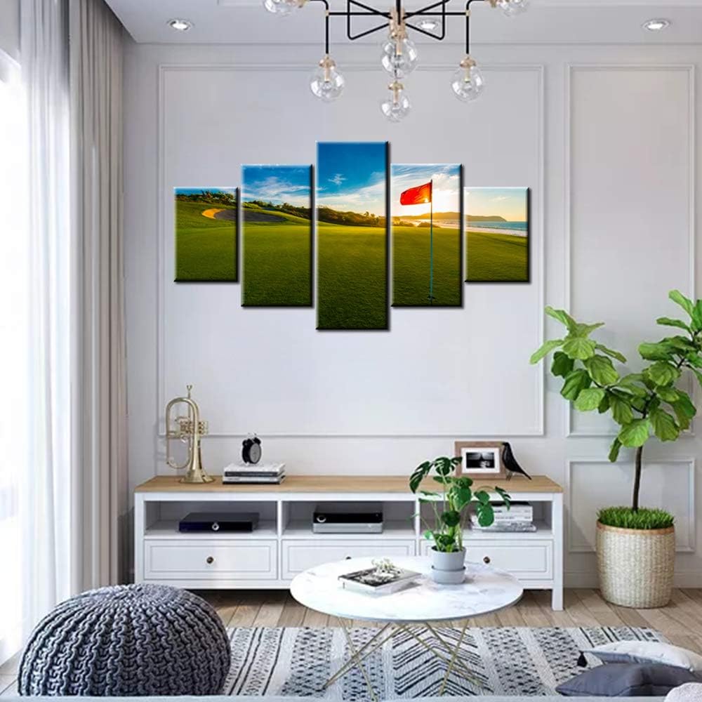 Living Room Decorations for Wall Golf Course Pictures Red Flags Paintings Landscape Artwork 5 Piece Green Canvas Wall Art House Modern Decor Framed Giclee Ready to Hang Posters and Prints(60''Wx32''H)