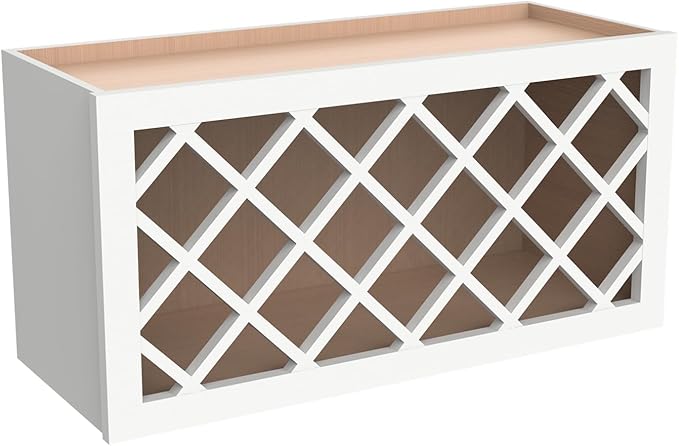 Solid Wood RTA Wall Cabinet Wine Bottle Rack with Lattice Panels - Wine Storage for Bar, Pantry, Cellar & Countertop - Mocha (Origami White, 36'W 12'D 15'H)