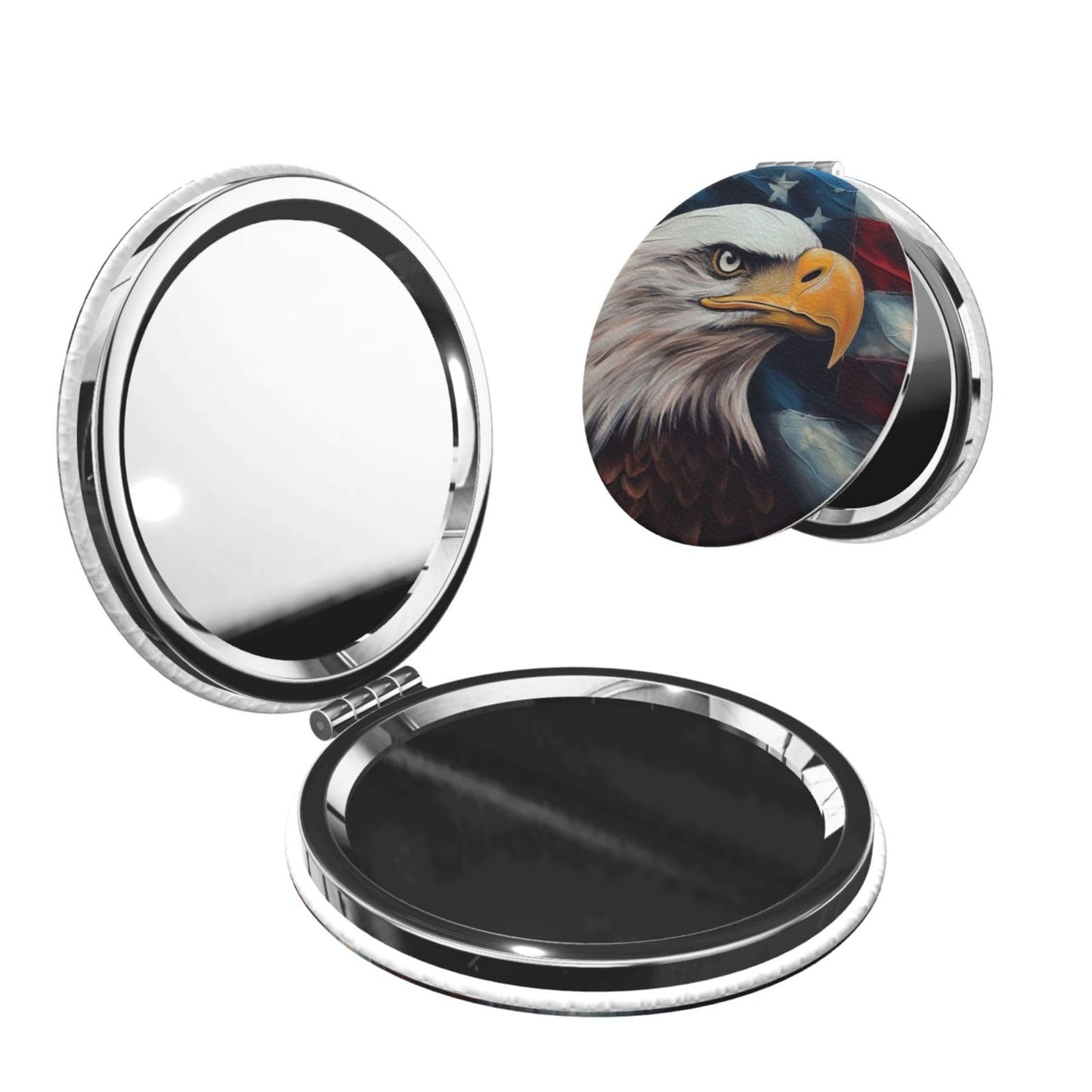 keluki Vintage American Flag and Eagle Painting Print Foldable Travel Pocket Mirror Round PU Leather Portable Mini Makeup Double
